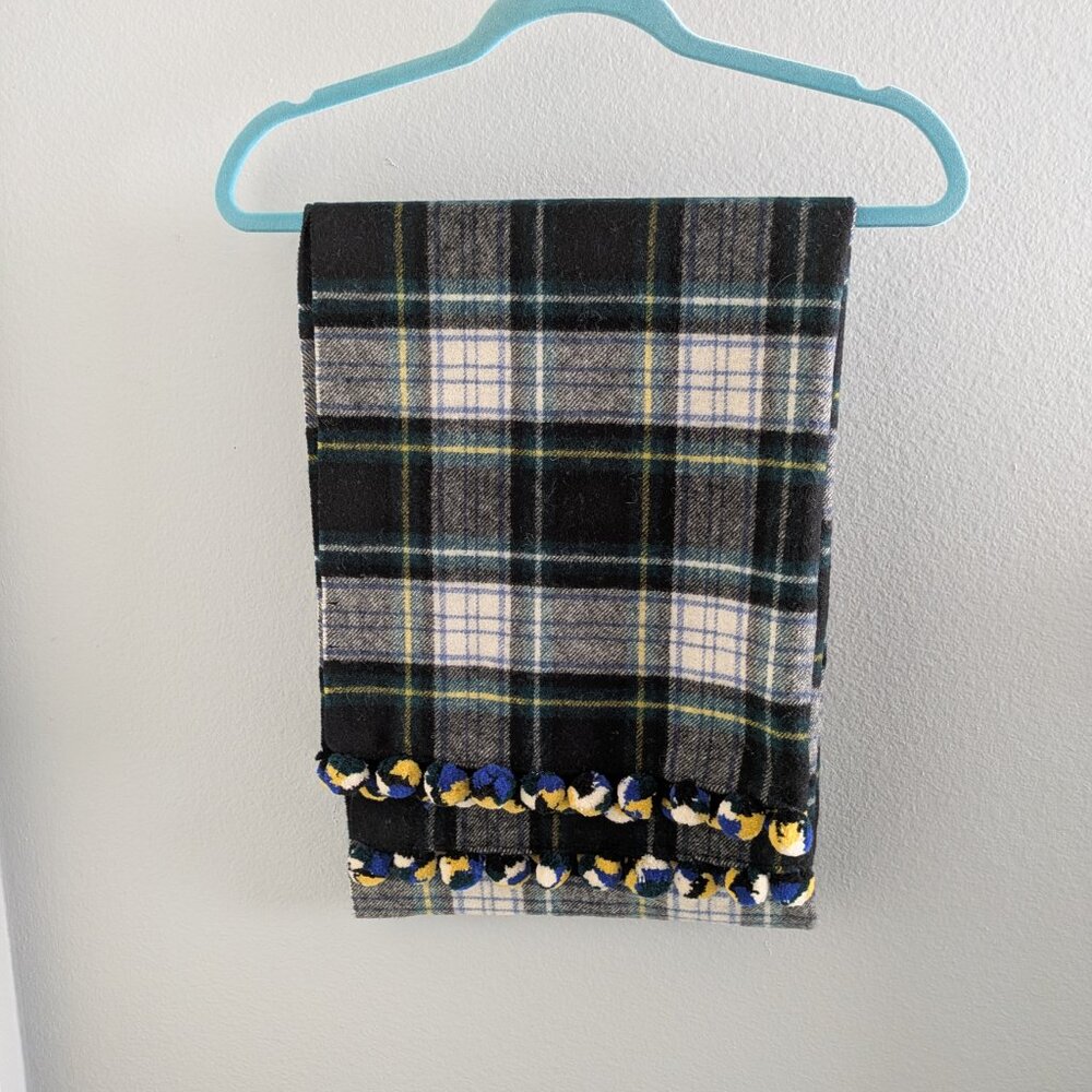 J. Crew Wool Tartan Plaid Pom Pom Scarf - Picture 2 of 4